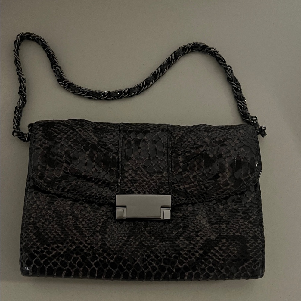 Jessica McClintock Black Snakeskin Embossed Evening Bag Chain Strap Clutch